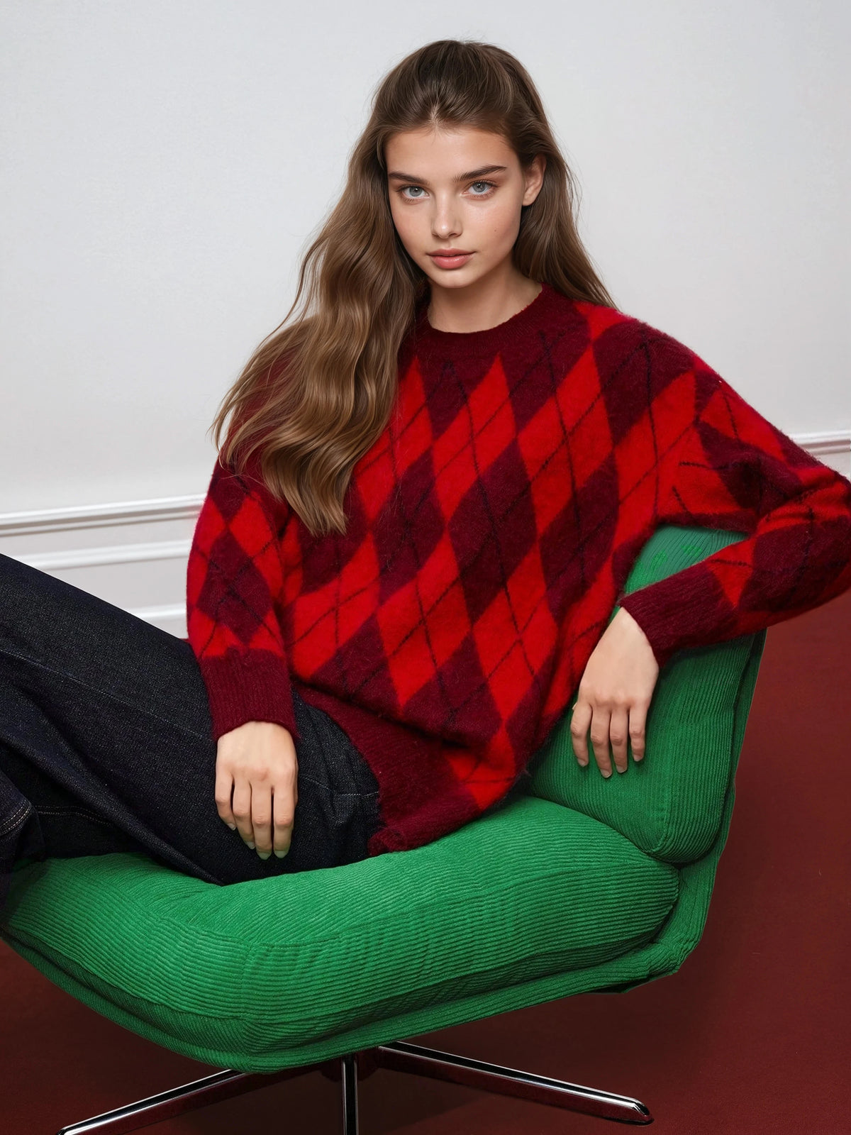 Holiday Red Color Block Diamond Knit Sweater