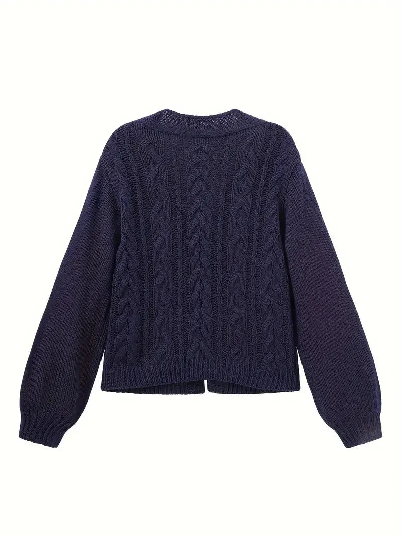 Deep V-neck Navy Blue Cardigan - LA FEMME WANDERER