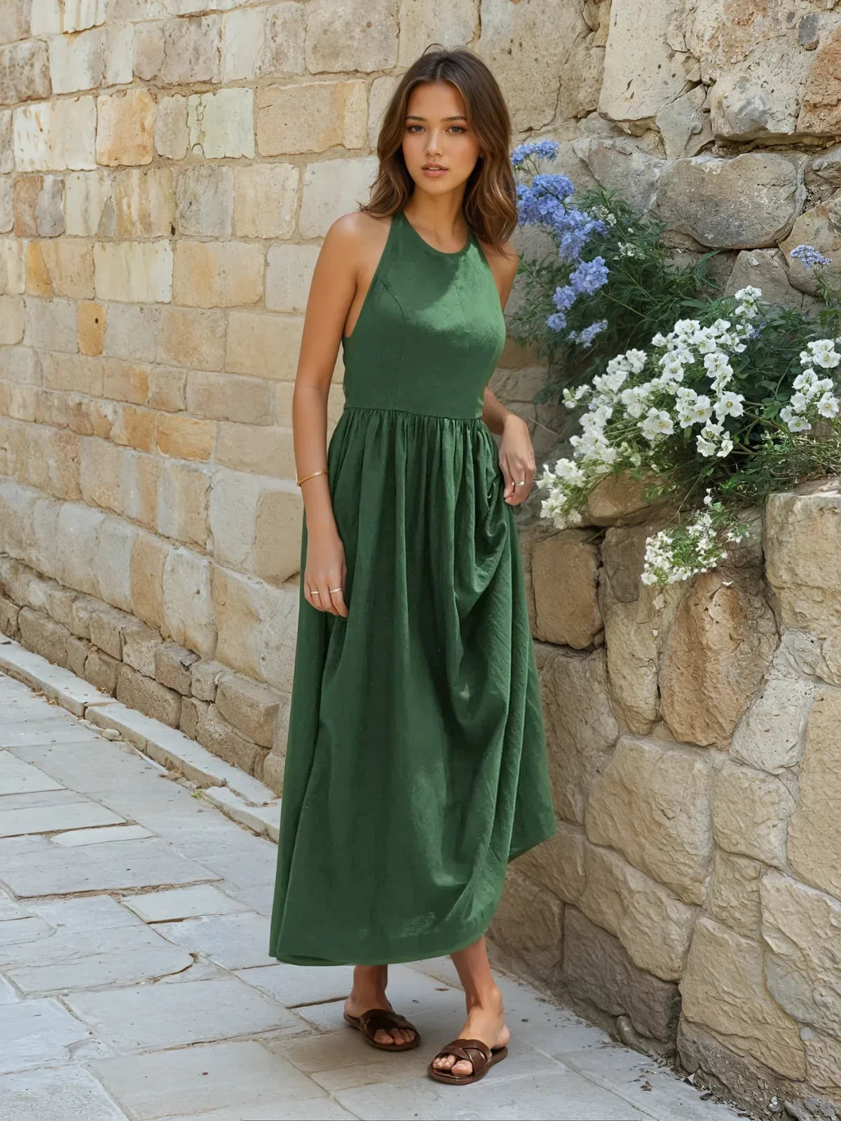 Always Elegant Solid Halter Long Dress - LA FEMME WANDERER