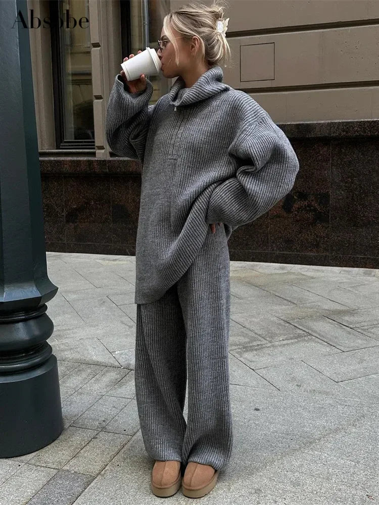 Solid Color Half Zip Sweater Matching Set - LA FEMME WANDERER