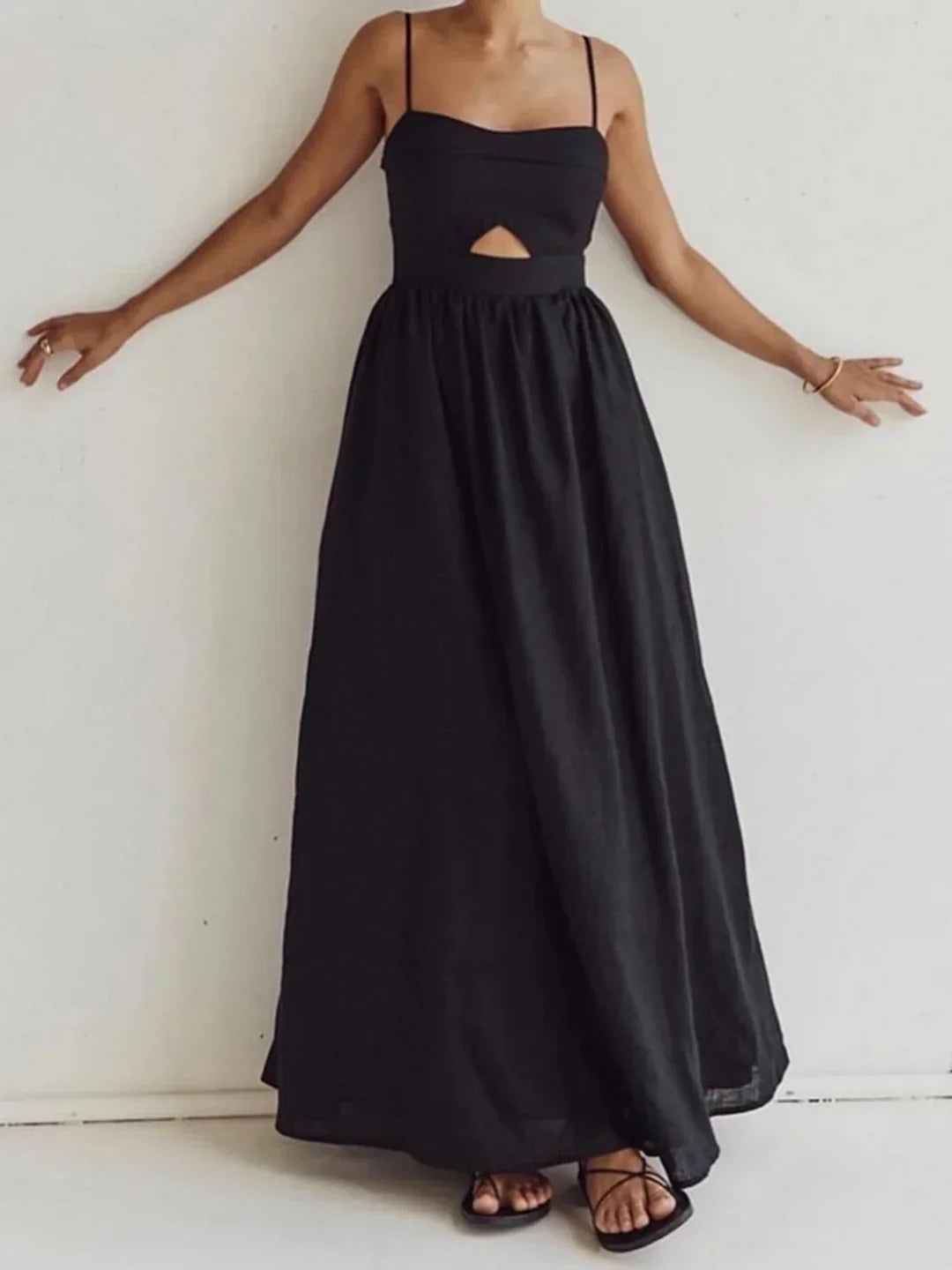 Cotton Sleeveless Pockets Cutout Long Dress - LA FEMME WANDERER