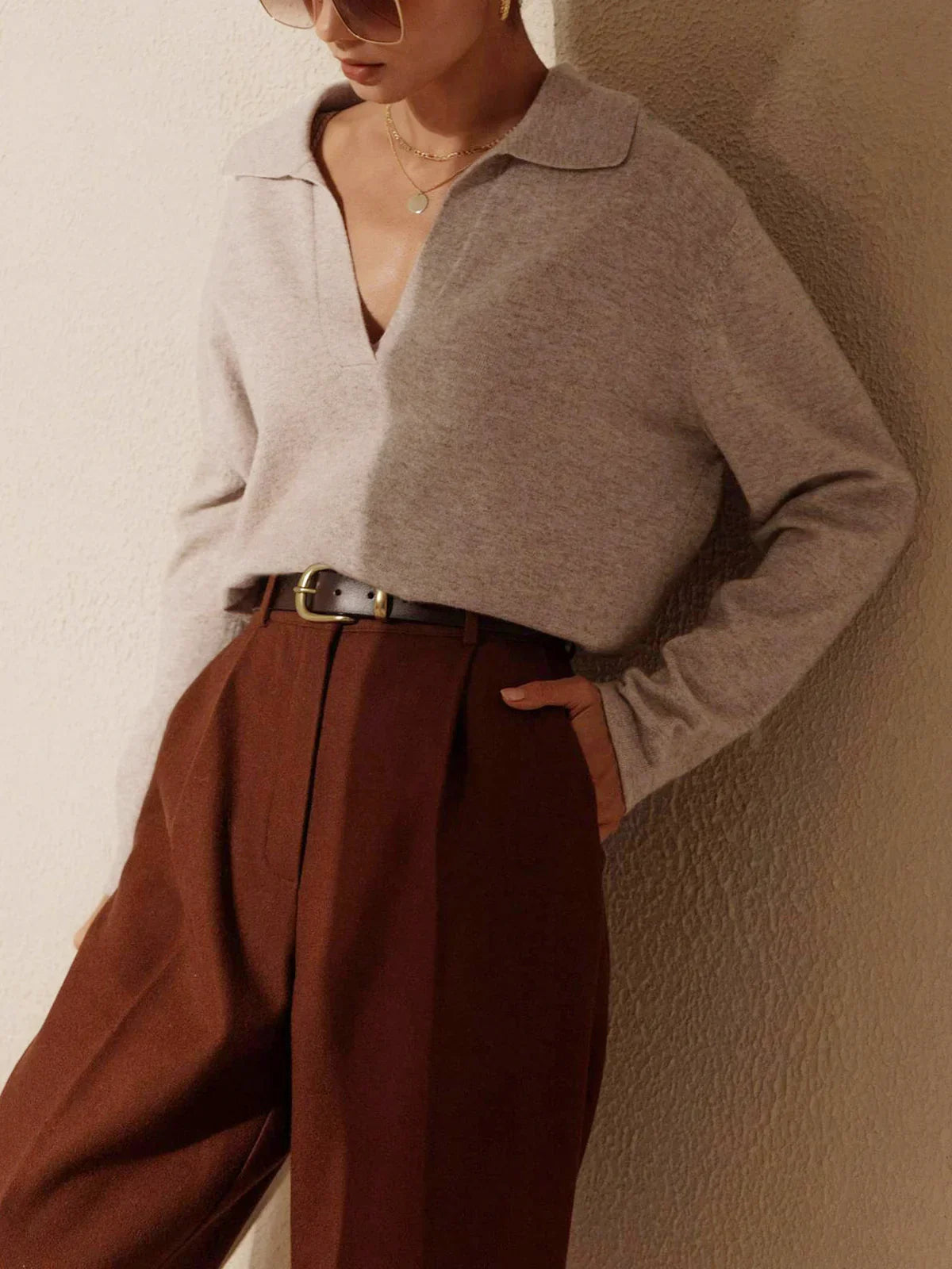 Leisure Collared Pullover Sweater - LA FEMME WANDERER