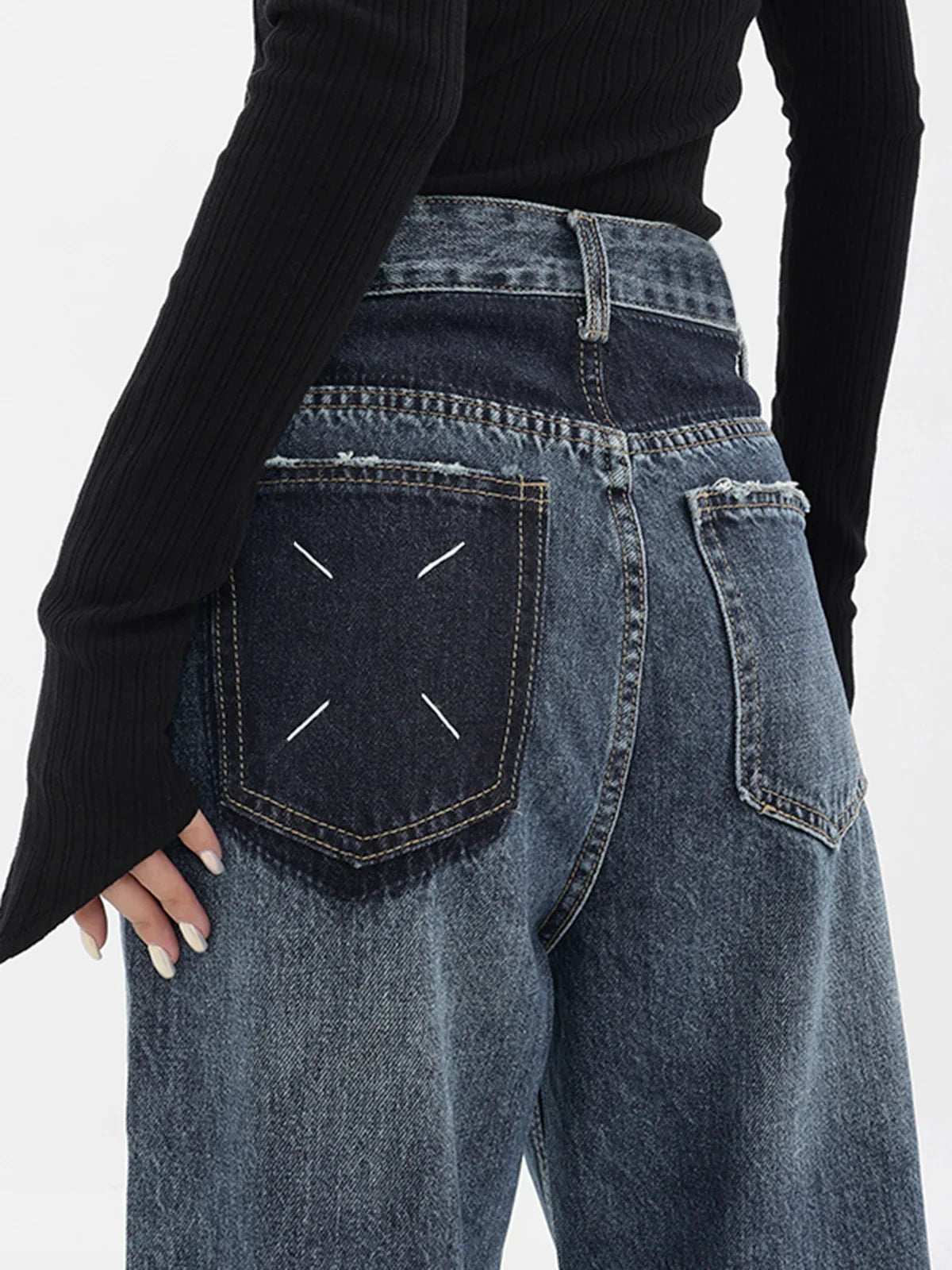 Patchwork Pockets Denim Wide Leg Boyfriend Jeans - LA FEMME WANDERER