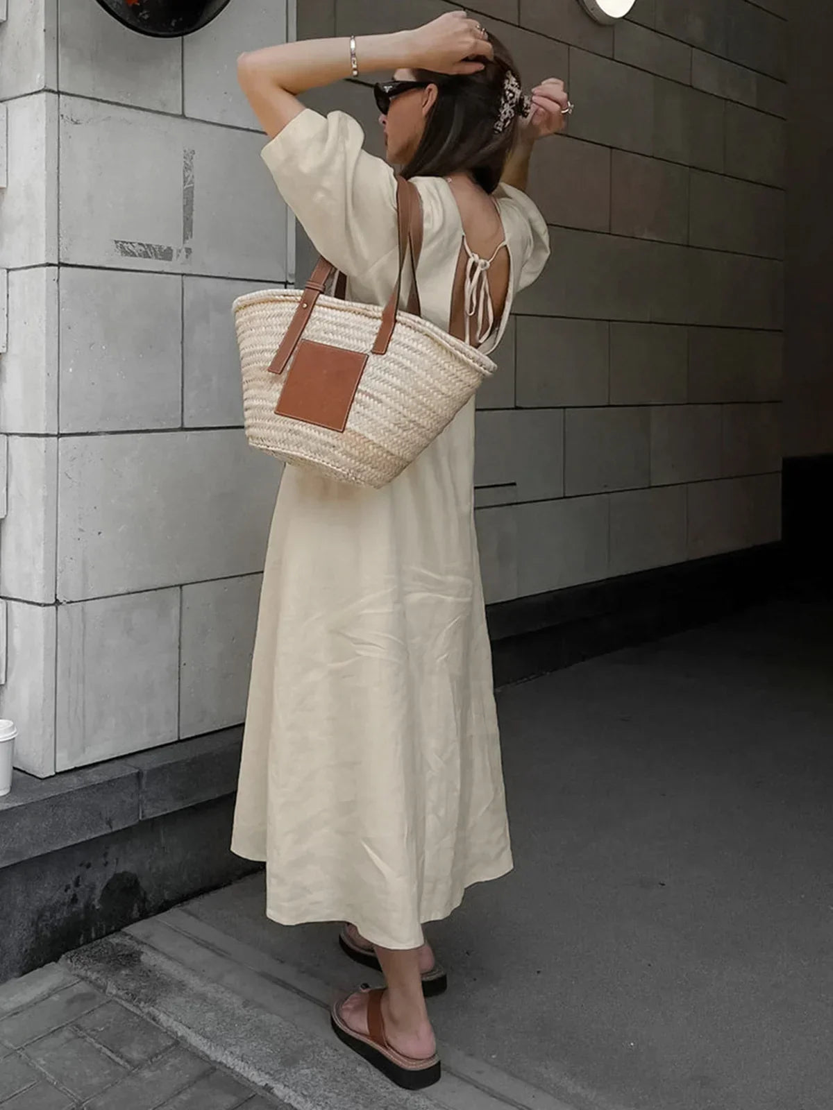 Cotton & Linen Button-Front Knotted Long Dress - LA FEMME WANDERER