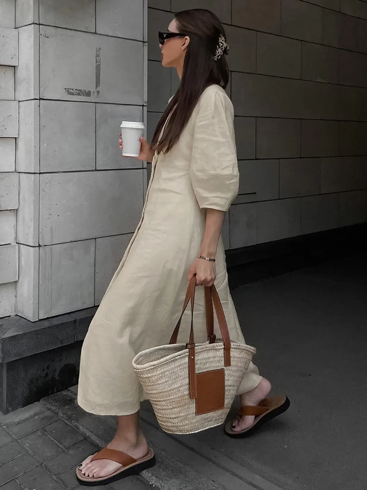 Cotton & Linen Button-Front Knotted Long Dress - LA FEMME WANDERER
