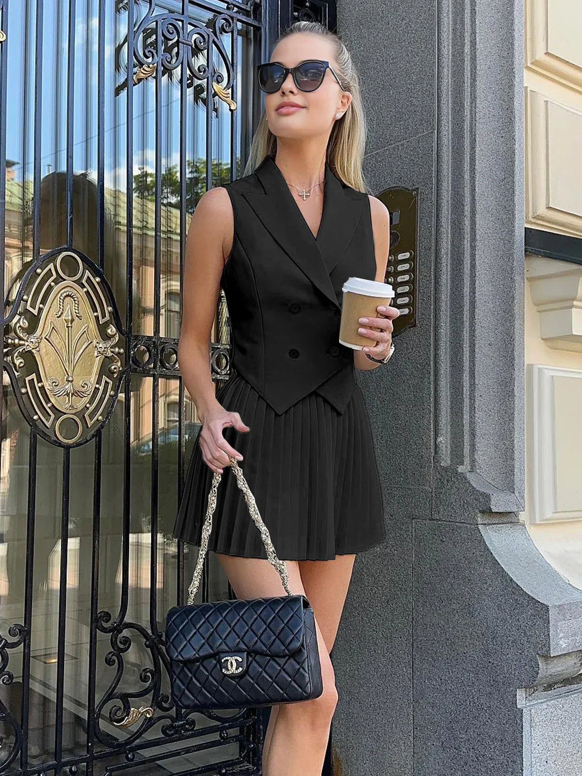 Suit Waistcoat & Pleated Mini Skirt Set - LA FEMME WANDERER