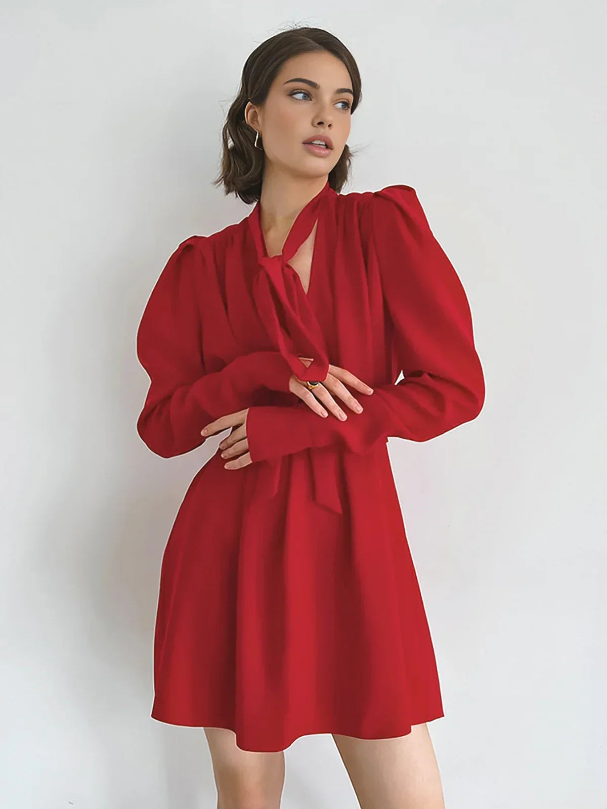 Bow Neckline Lantern Sleeve Short Dress - LA FEMME WANDERER