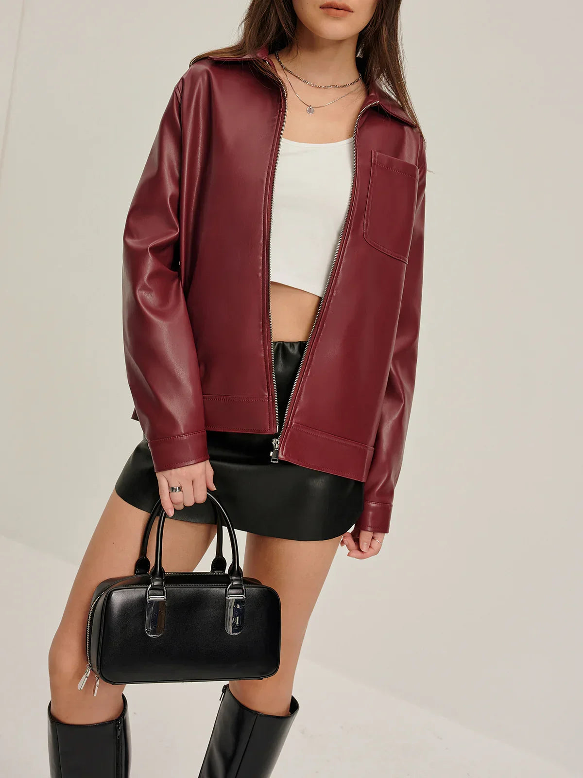 Lapel Zipper PU Leather Jacket - LA FEMME WANDERER