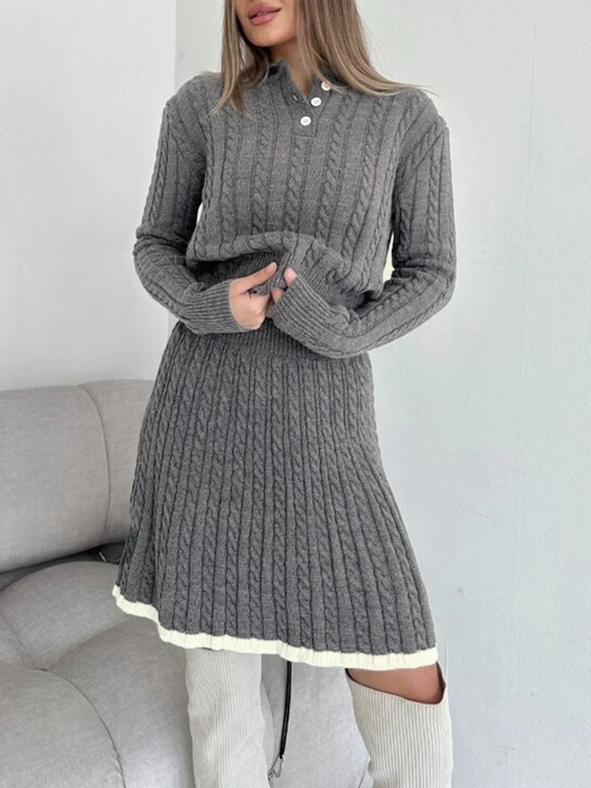 Contrast Trim Cable-Knit Lapel Skirt Set - LA FEMME WANDERER