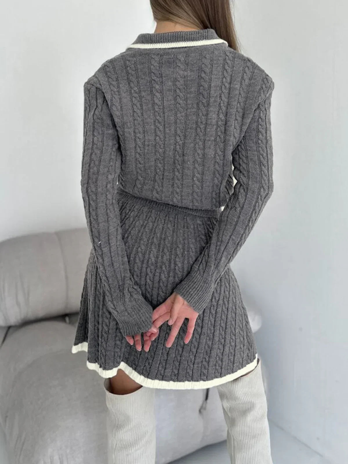 Contrast Trim Cable-Knit Lapel Skirt Set - LA FEMME WANDERER