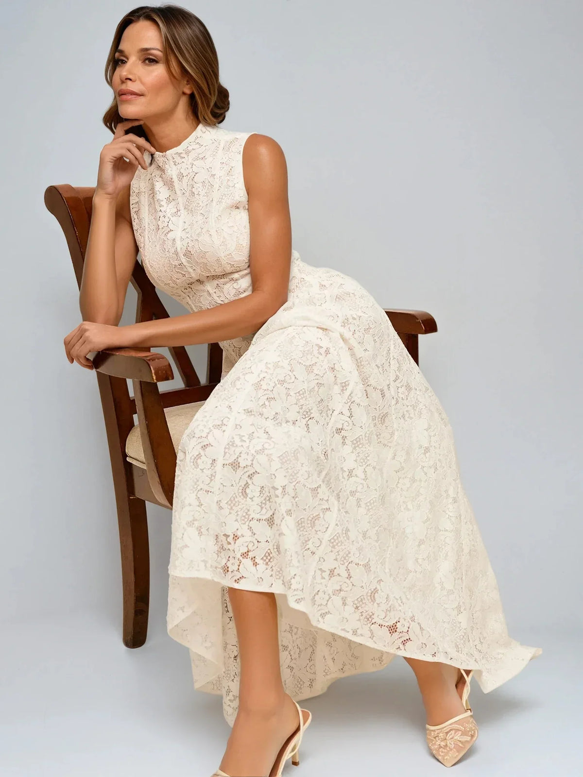 Half Turtleneck Sleeveless Semi-Sheer Lace Dress - LA FEMME WANDERER