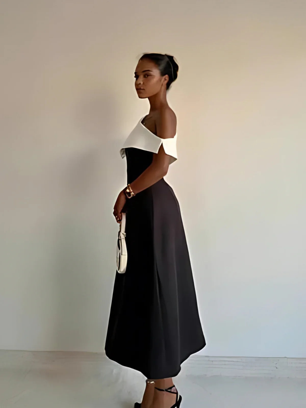Classic Elegance Black And White Off-shoulder Dress - LA FEMME WANDERER