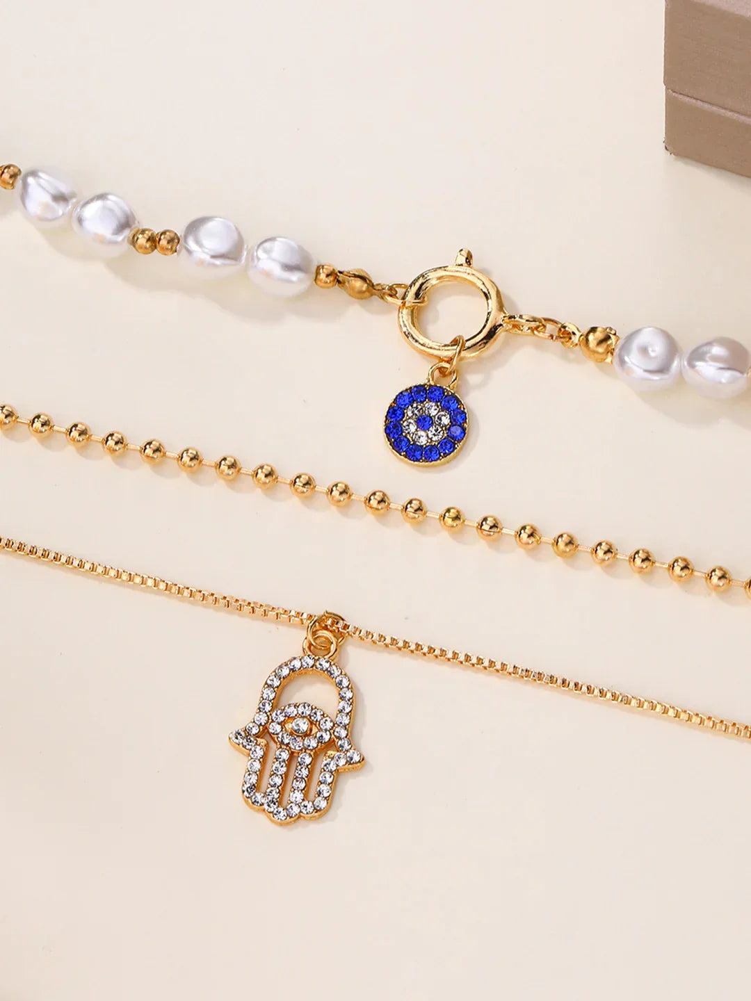 Pearl & Hamsa Hand Multi-Layer Necklace Set - LA FEMME WANDERER
