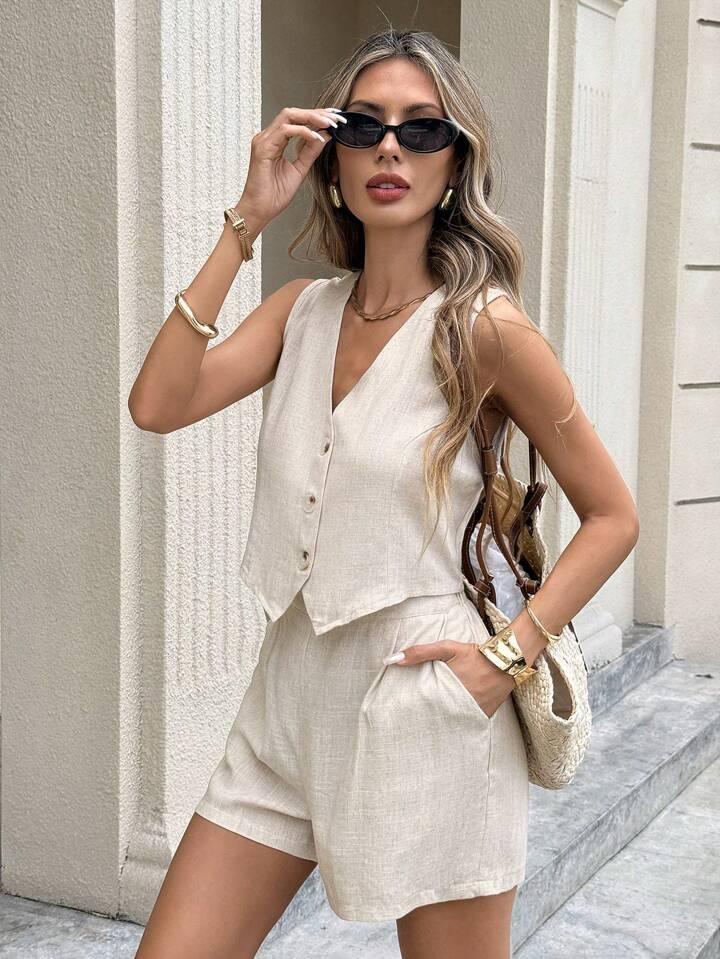 Linen Single-Breasted Button Vest And Shorts Set - LA FEMME WANDERER