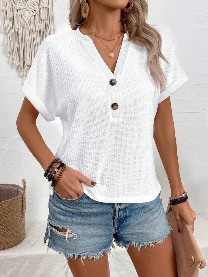 Batwing Sleeve Solid Color V-neck Button Top - LA FEMME WANDERER