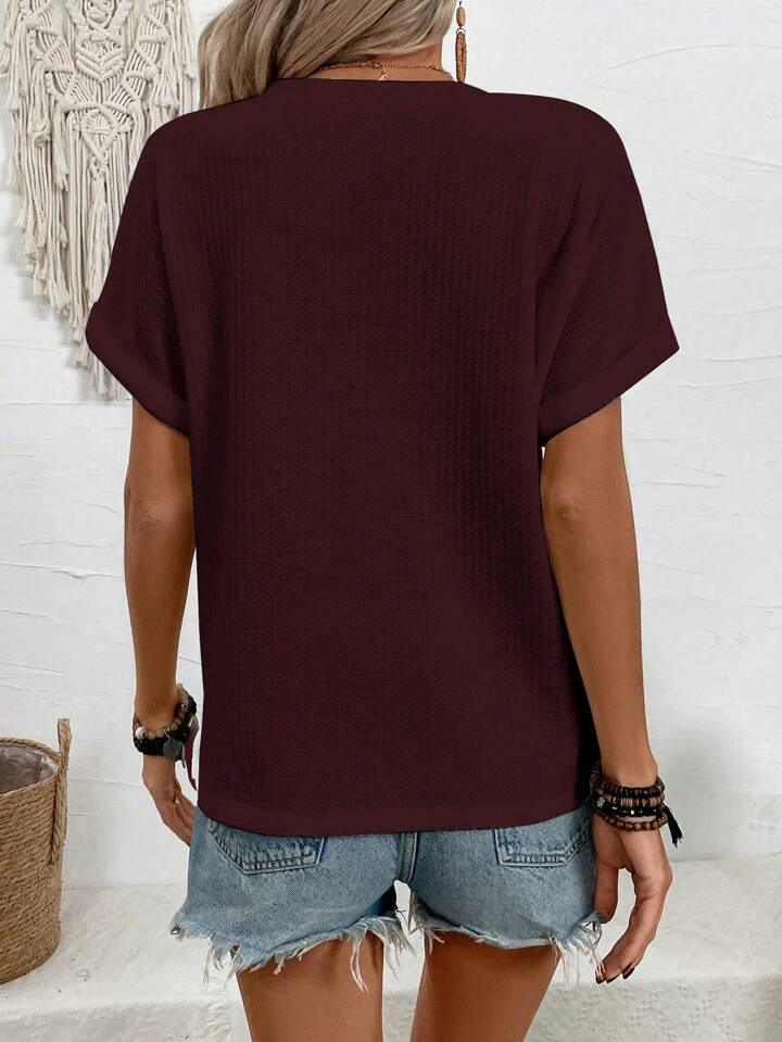 Batwing Sleeve Solid Color V-neck Button Top - LA FEMME WANDERER