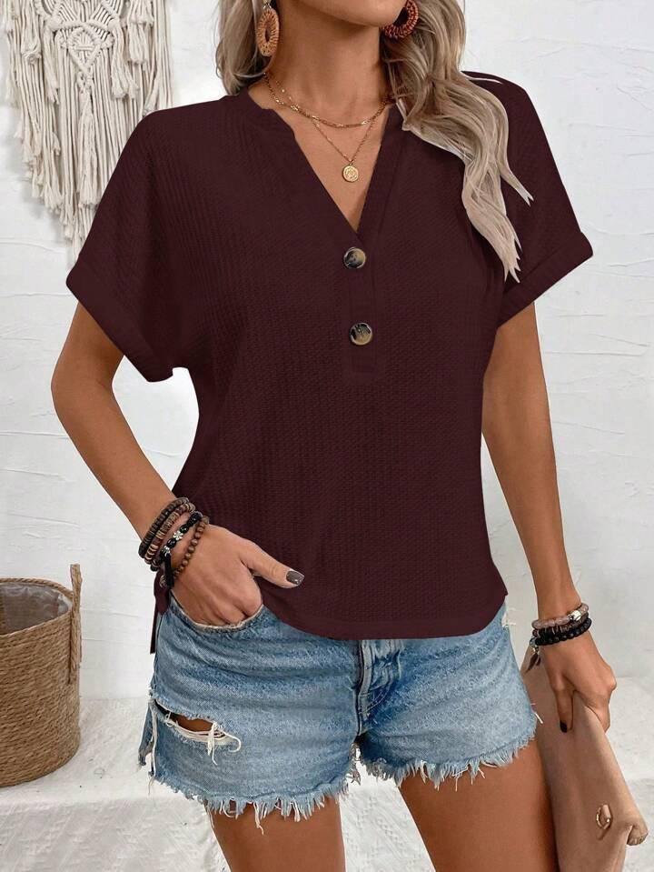 Batwing Sleeve Solid Color V-neck Button Top - LA FEMME WANDERER