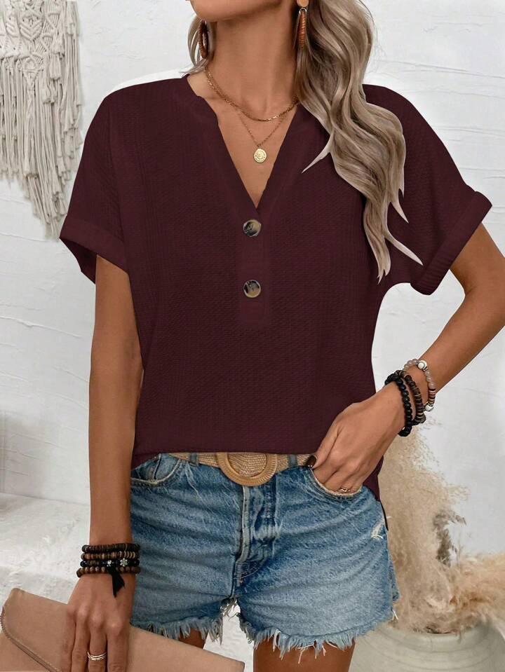 Batwing Sleeve Solid Color V-neck Button Top - LA FEMME WANDERER