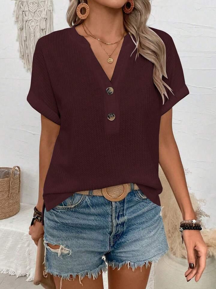 Batwing Sleeve Solid Color V-neck Button Top - LA FEMME WANDERER