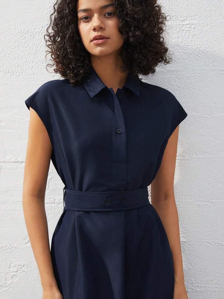 Refined Chic Navy Blue Midi Dress - LA FEMME WANDERER