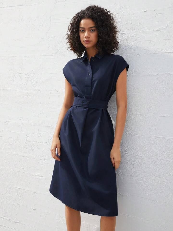 Refined Chic Navy Blue Midi Dress - LA FEMME WANDERER