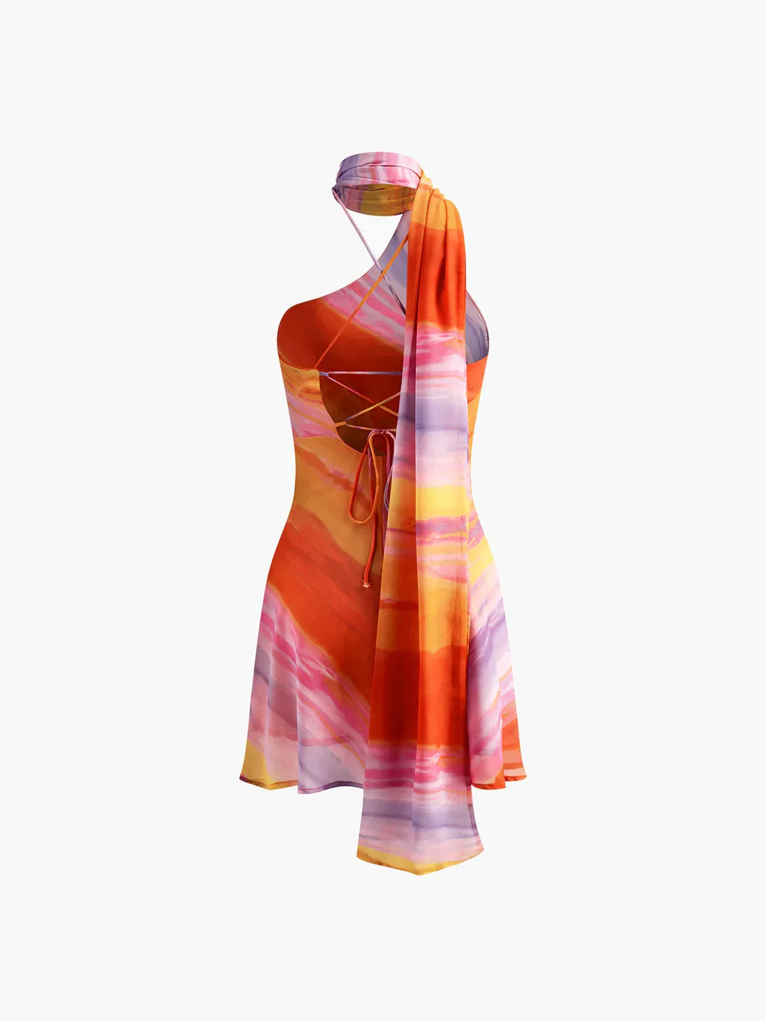 Semi-Sheer Halter Backless Tie Dye Short Dress - LA FEMME WANDERER