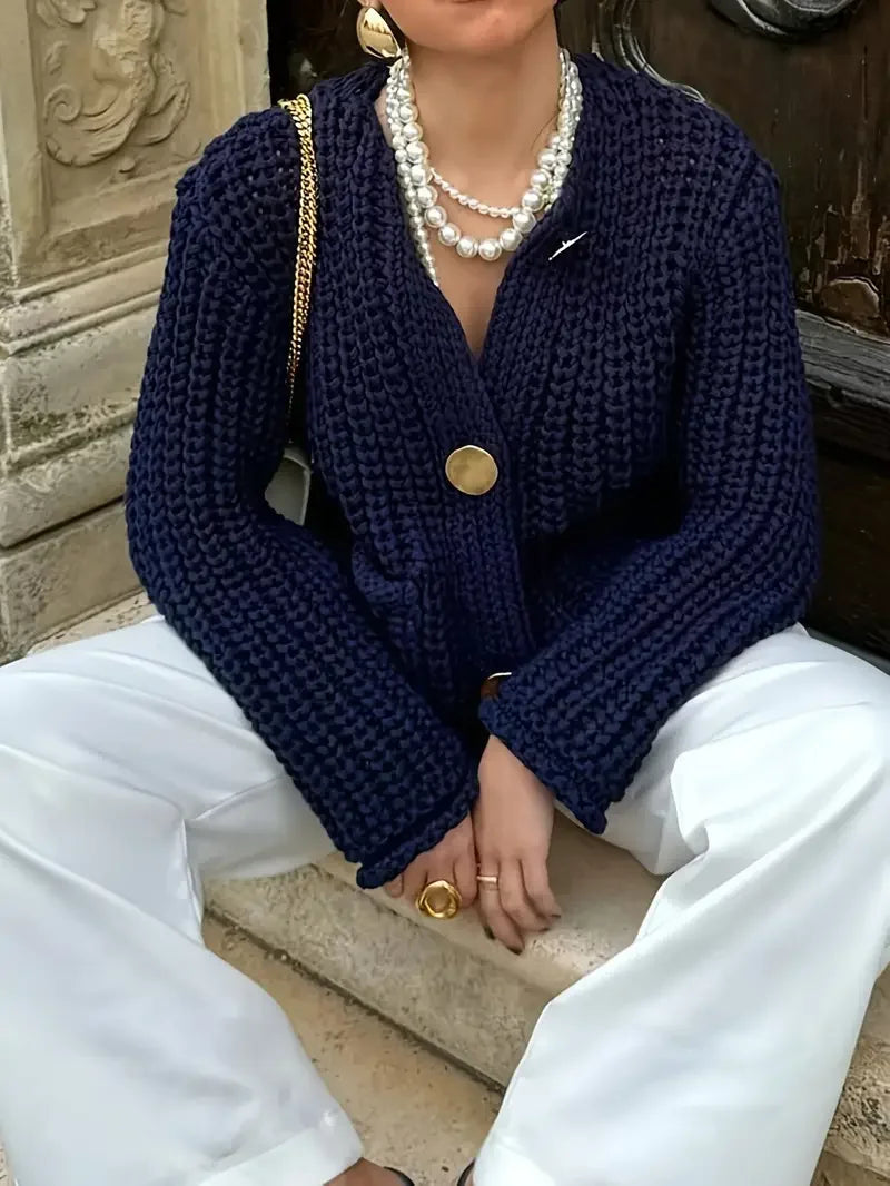 Navy Blue Elegant Hollow Cardigan - LA FEMME WANDERER