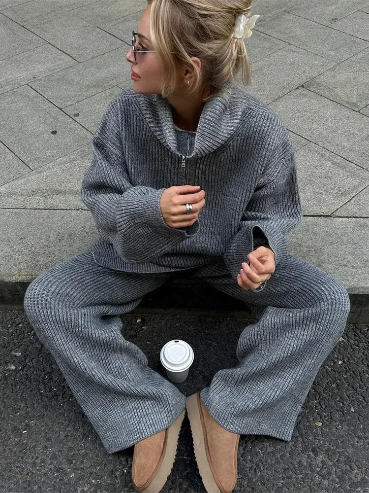 Solid Color Half Zip Sweater Matching Set - LA FEMME WANDERER