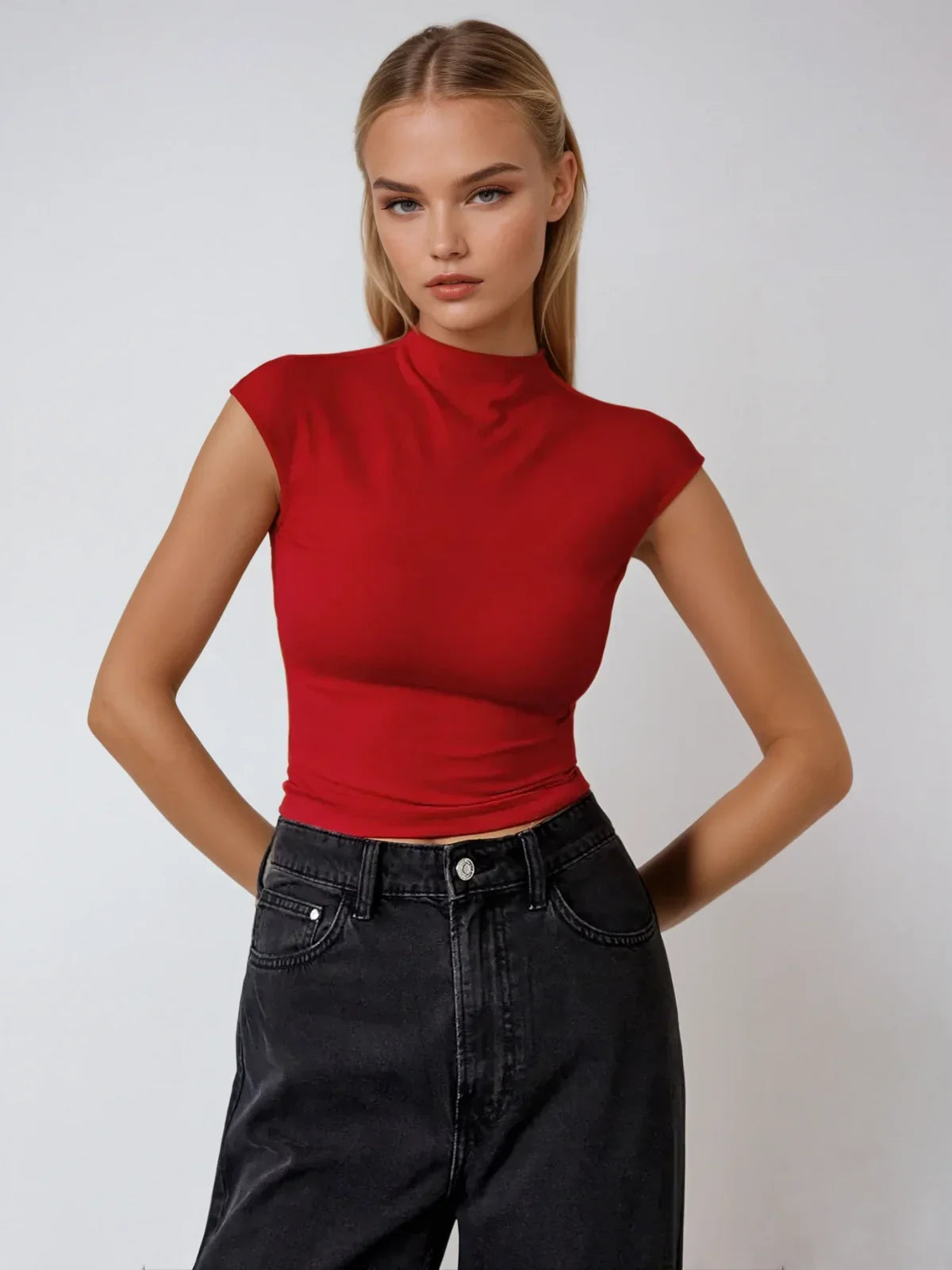 Scarlet Sleek High-Neck Top - LA FEMME WANDERER