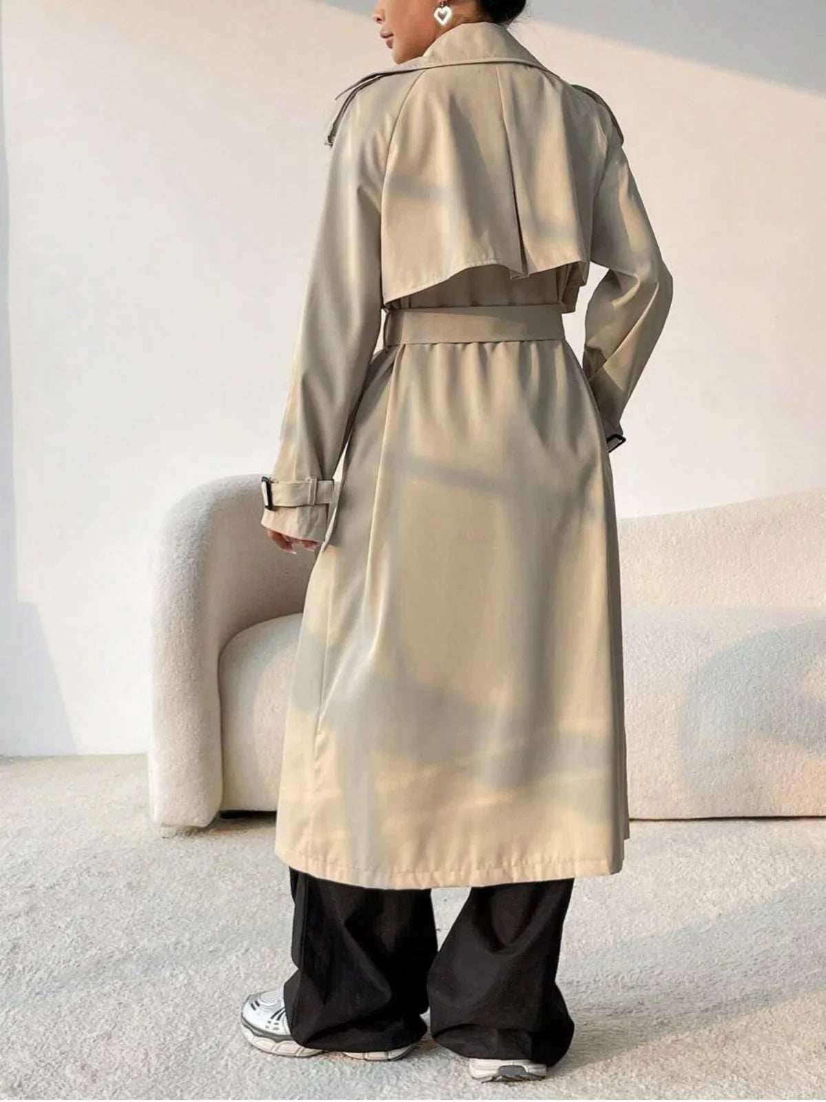 Elegant Long Solid Color Trench Coat - LA FEMME WANDERER
