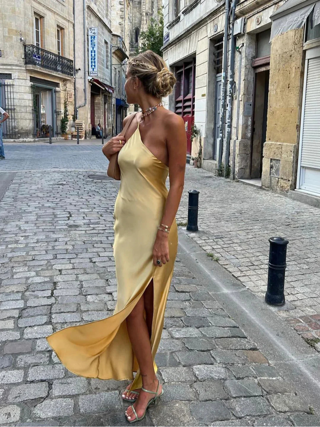 Moonlight Open Back Satin Slit Long Dress - LA FEMME WANDERER