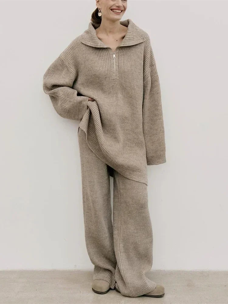 Solid Color Half Zip Sweater Matching Set - LA FEMME WANDERER