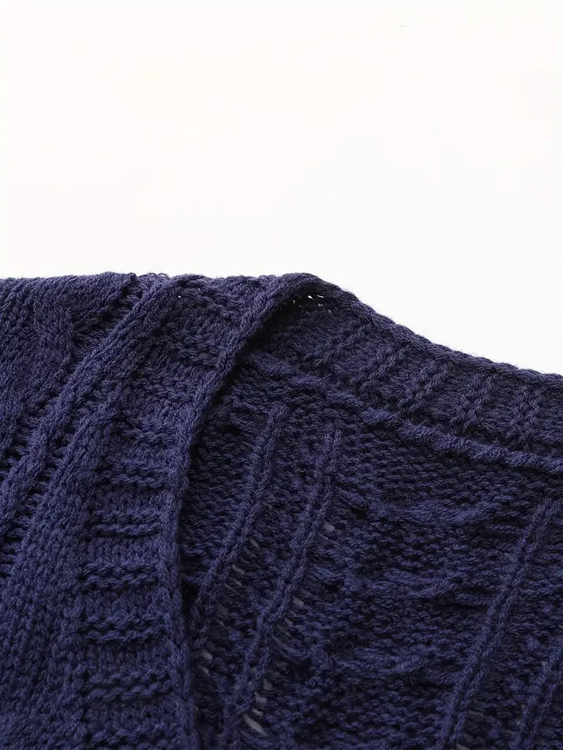 Deep V-neck Navy Blue Cardigan - LA FEMME WANDERER