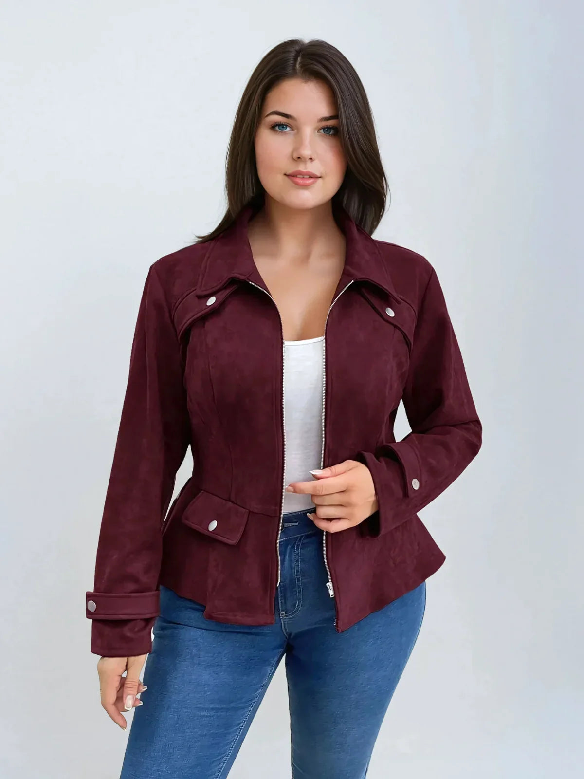 Plus Size Waisted Burgundy Casual Jacket With Front Zipper - LA FEMME WANDERER