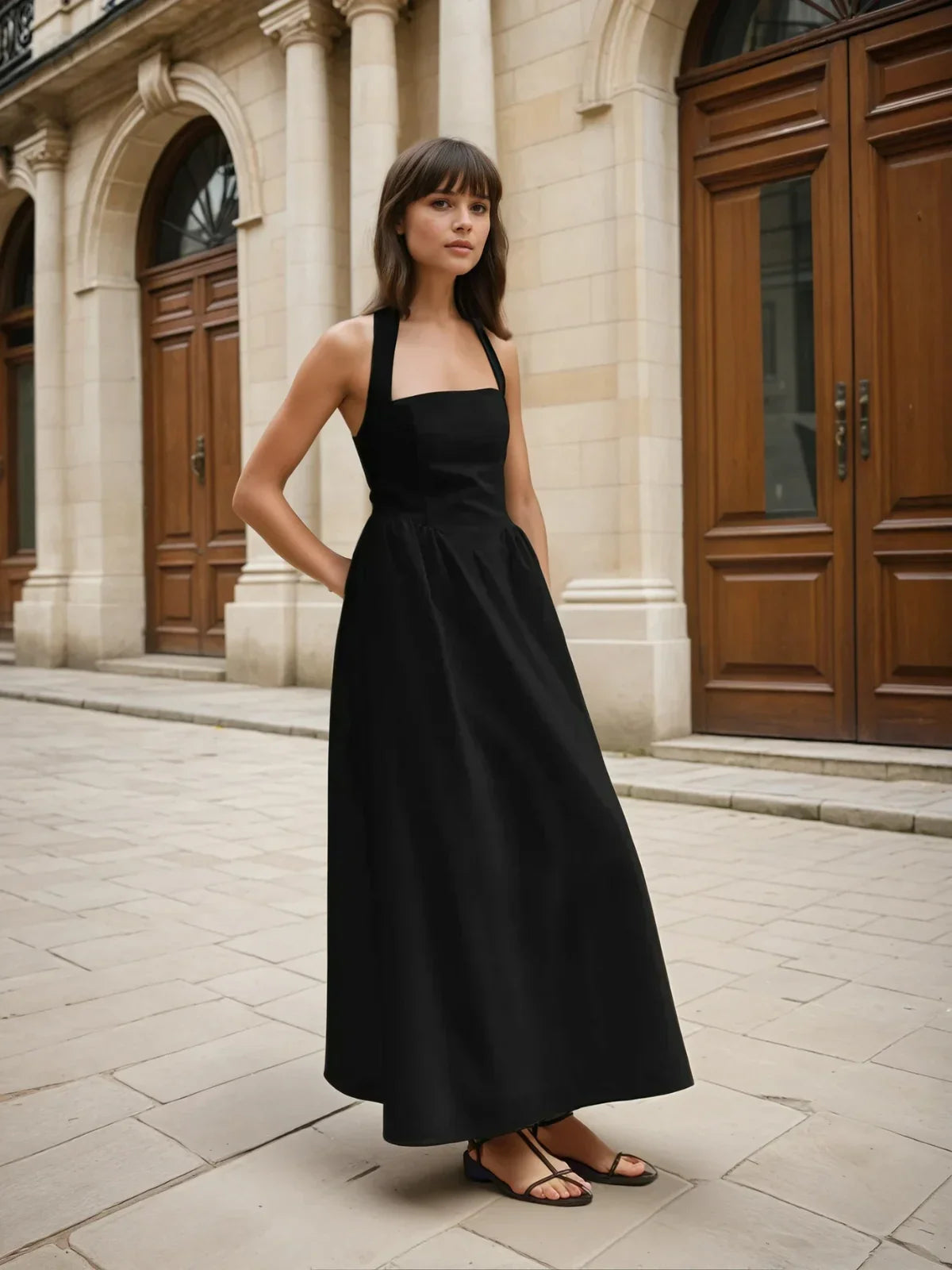 Simple and Chic Cotton & Linen Halter A Line Long Dress - LA FEMME WANDERER