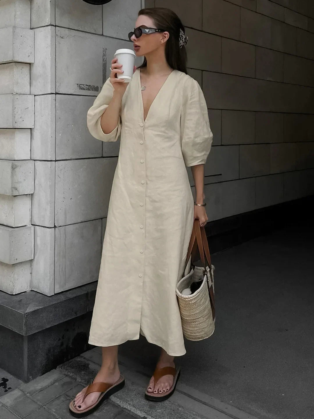 Cotton & Linen Button-Front Knotted Long Dress - LA FEMME WANDERER