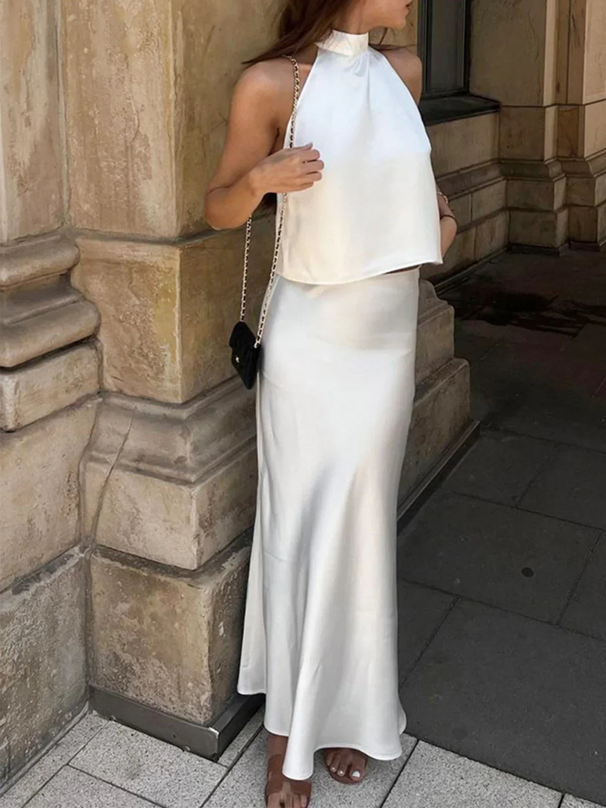 Sacred Dream Open Back Satin Two Piece Skirt Set - LA FEMME WANDERER