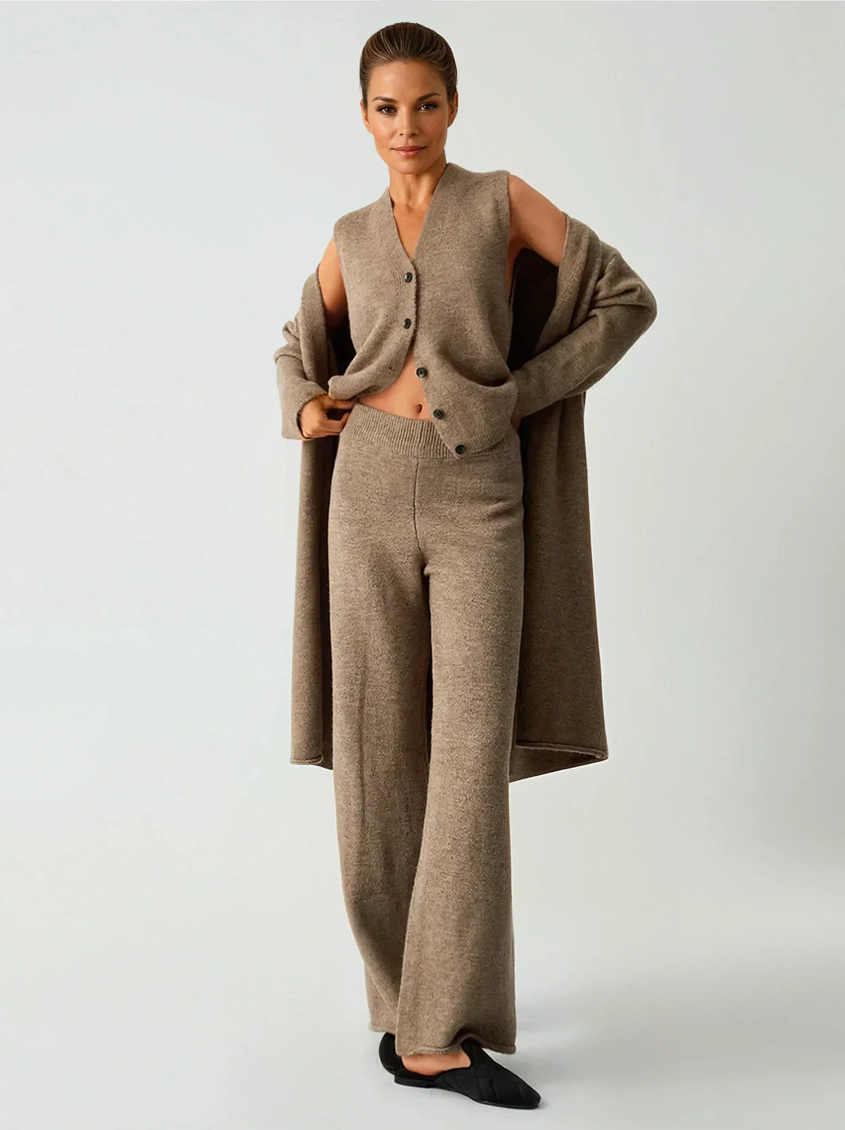 Leisure Long Cardigan Three Piece Pants Set - LA FEMME WANDERER