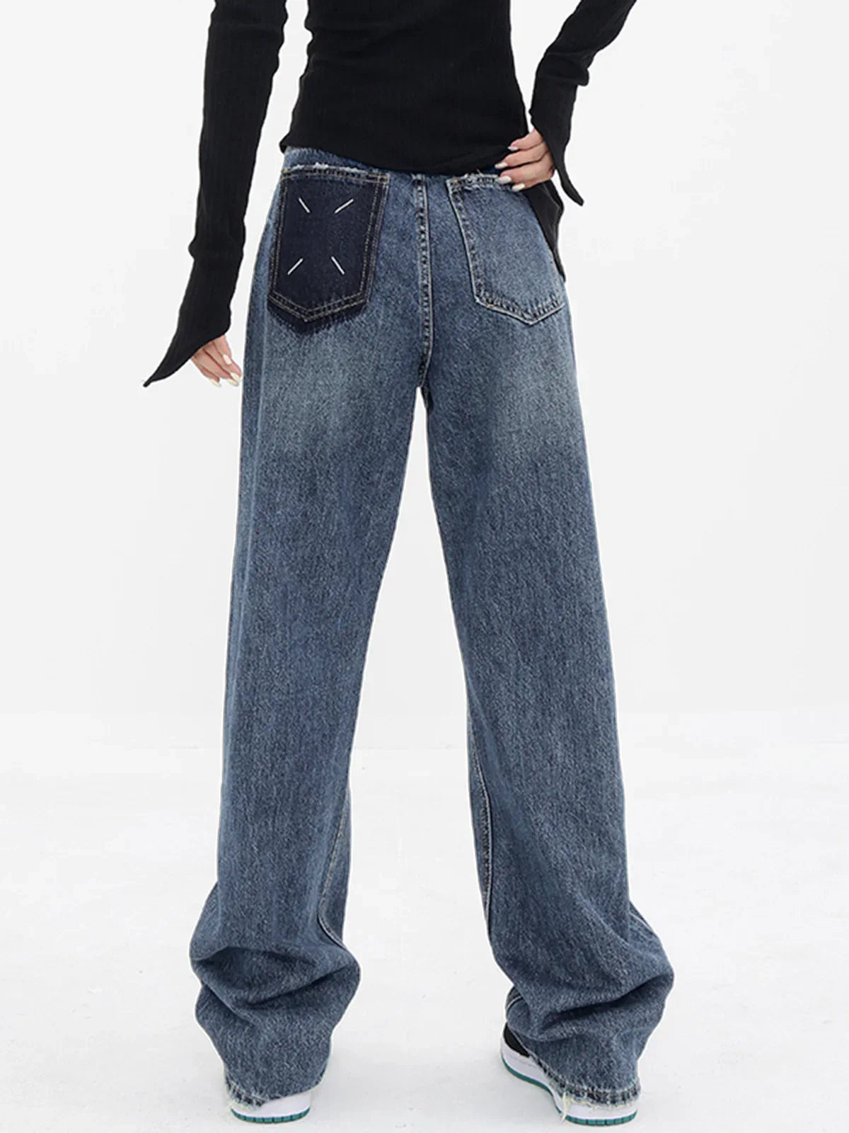 Patchwork Pockets Denim Wide Leg Boyfriend Jeans - LA FEMME WANDERER