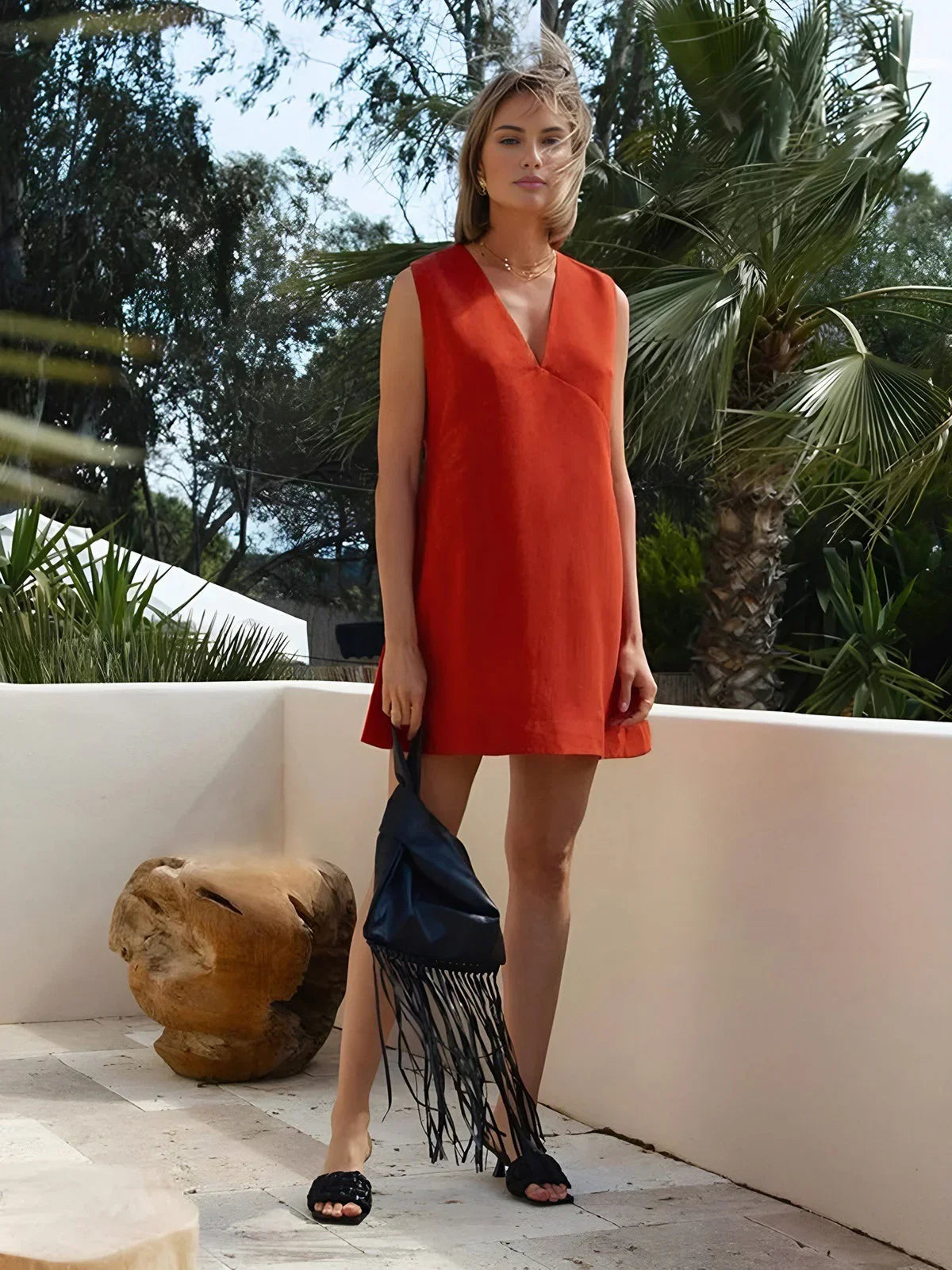 Cotton & Linen V-Neck Short Dress - LA FEMME WANDERER