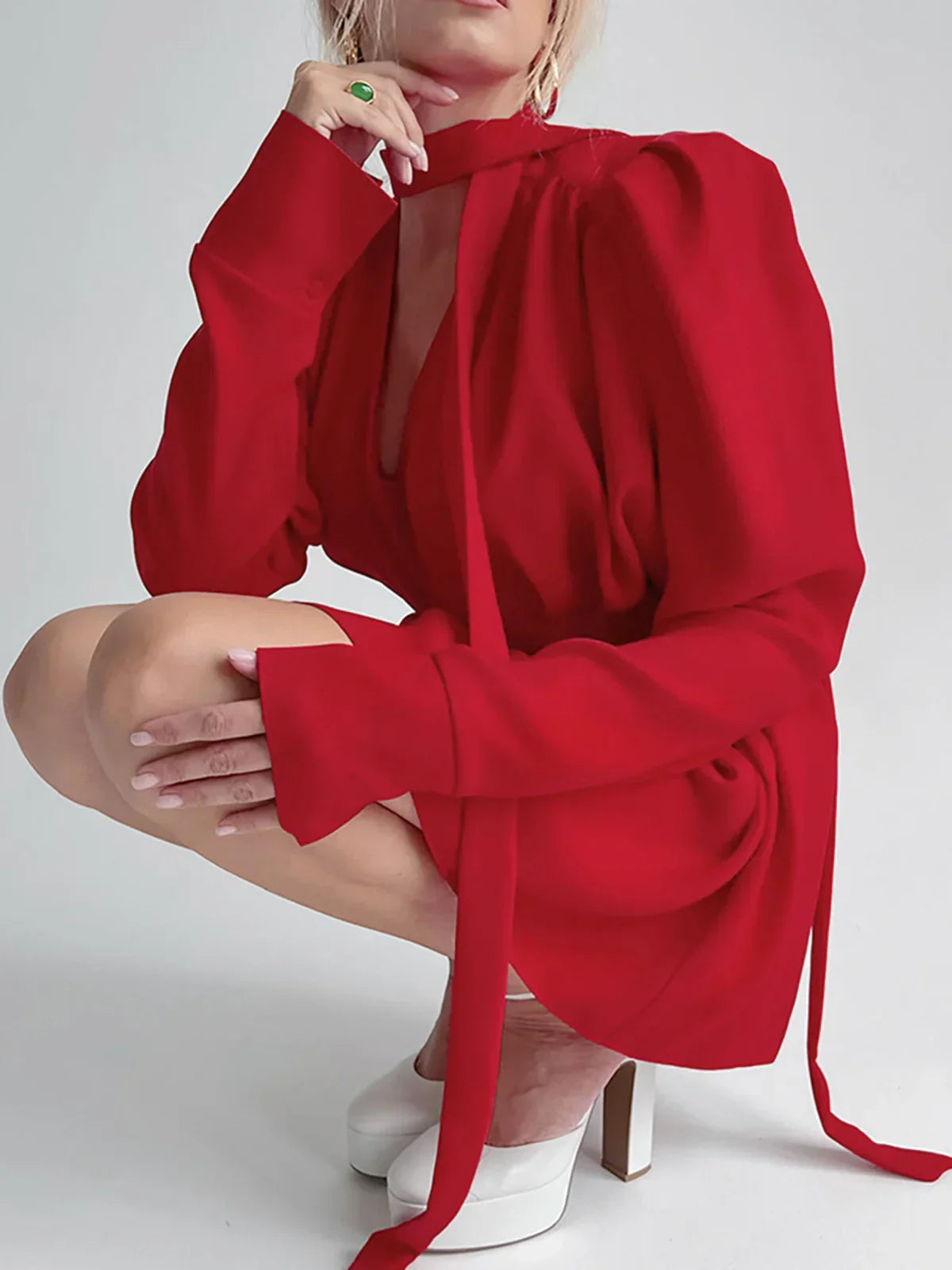 Bow Neckline Lantern Sleeve Short Dress - LA FEMME WANDERER