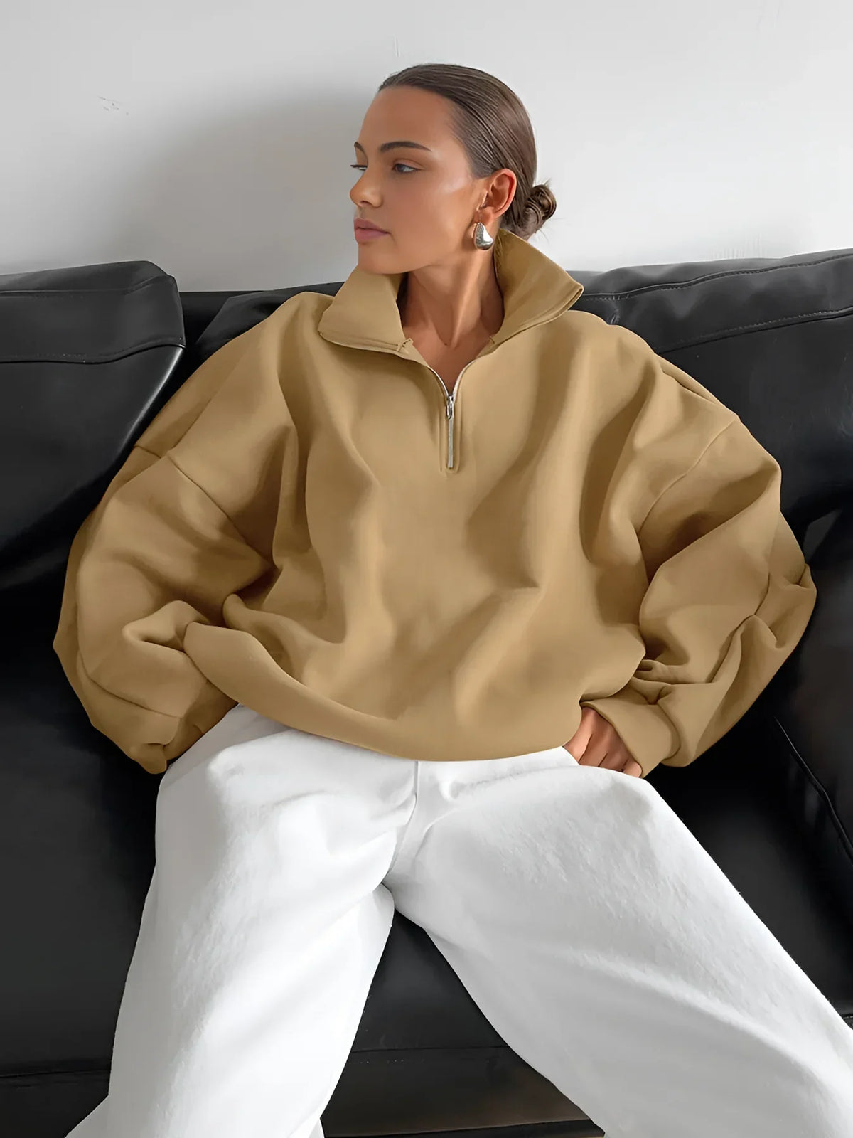 Lapel Zipper Pullover Sweatshirt - LA FEMME WANDERER