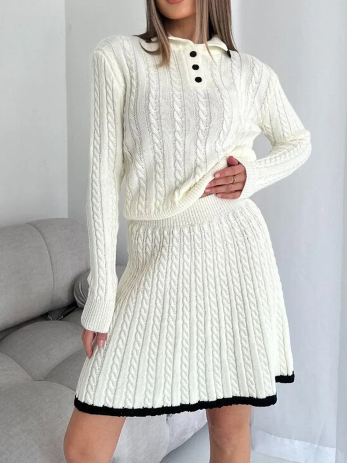 Contrast Trim Cable-Knit Lapel Skirt Set - LA FEMME WANDERER