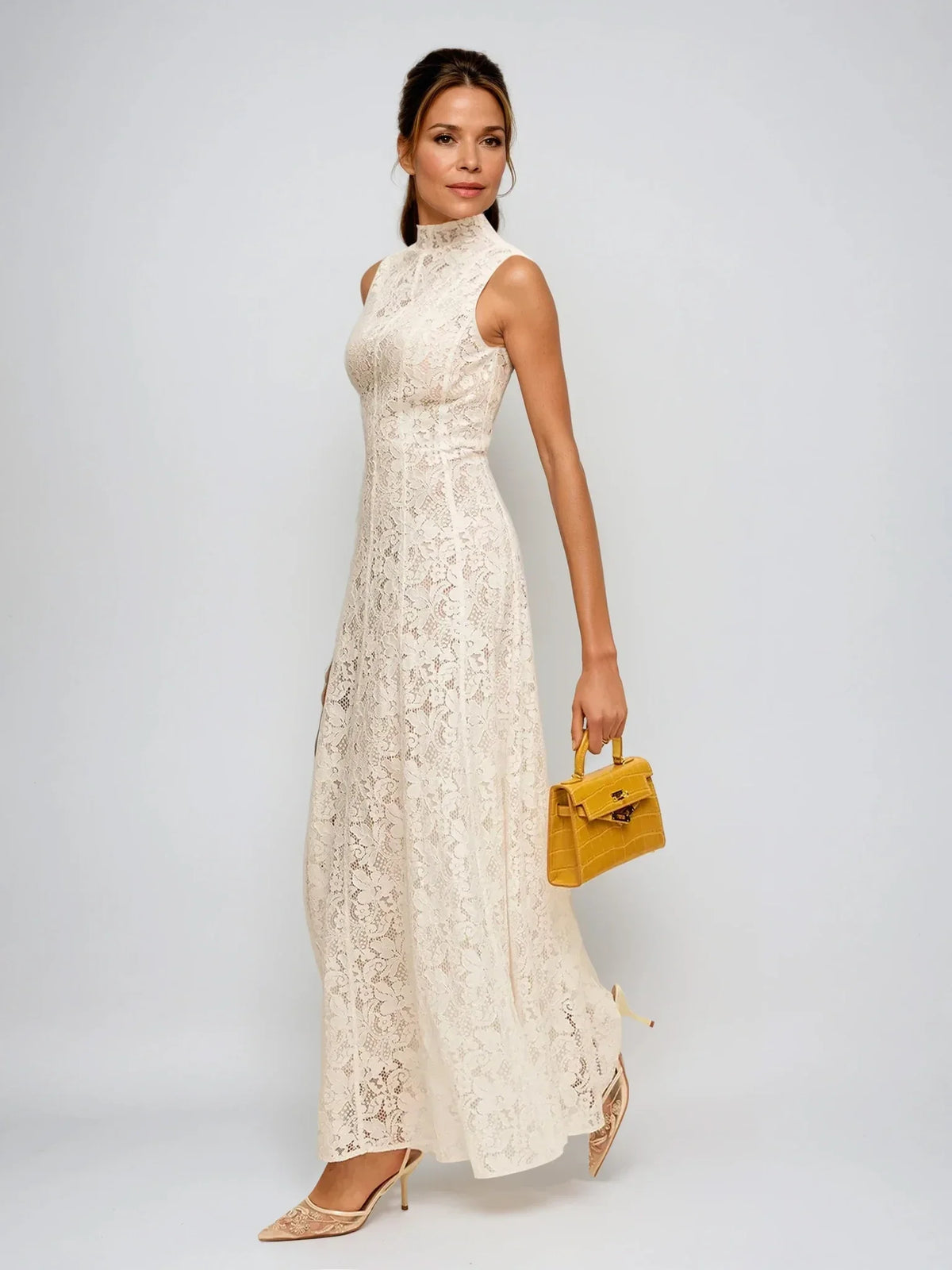 Half Turtleneck Sleeveless Semi-Sheer Lace Dress - LA FEMME WANDERER