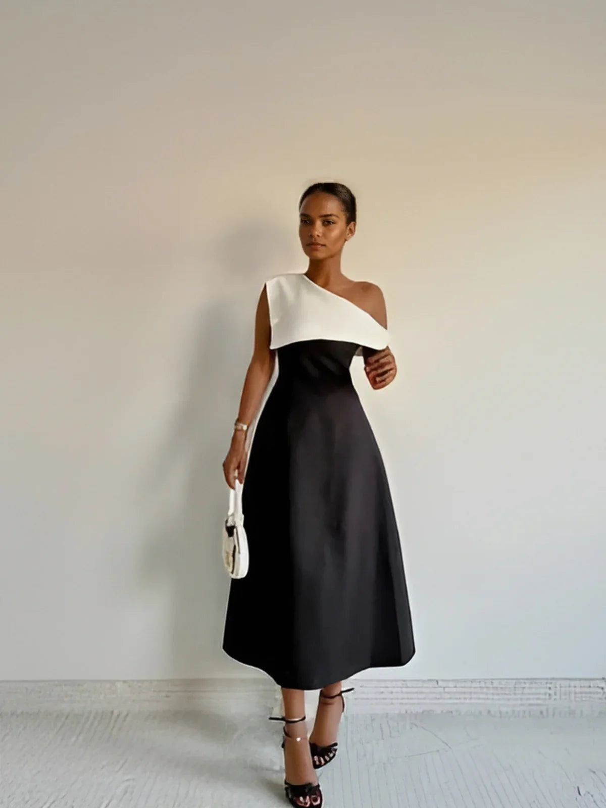 Classic Elegance Black And White Off-shoulder Dress - LA FEMME WANDERER