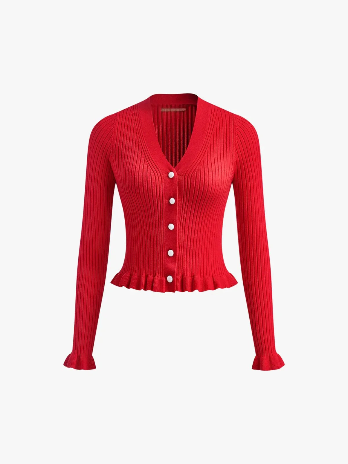 Retro Ruffled Trim Pearl Button Long Sleeve Cardigan - LA FEMME WANDERER