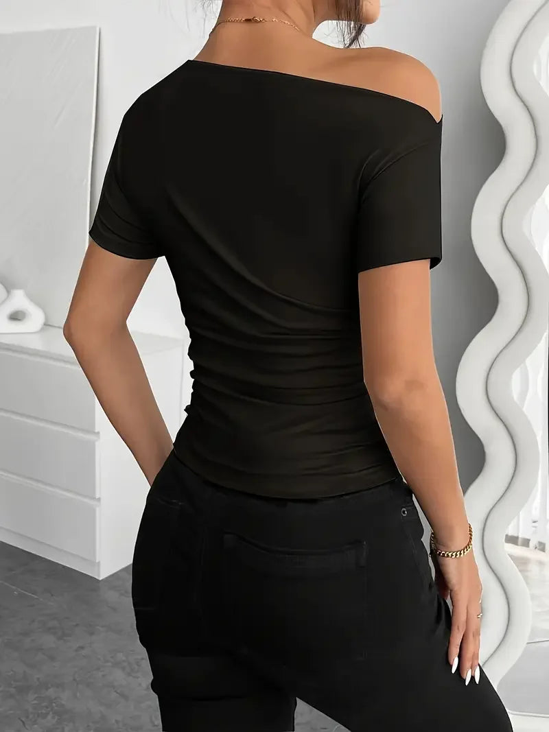 Slim-fit Pleating Irregular Short-sleeved Top - LA FEMME WANDERER
