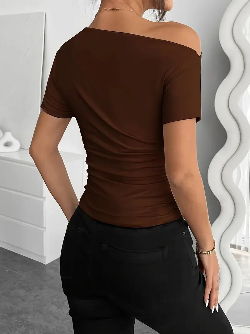 Slim-fit Pleating Irregular Short-sleeved Top - LA FEMME WANDERER