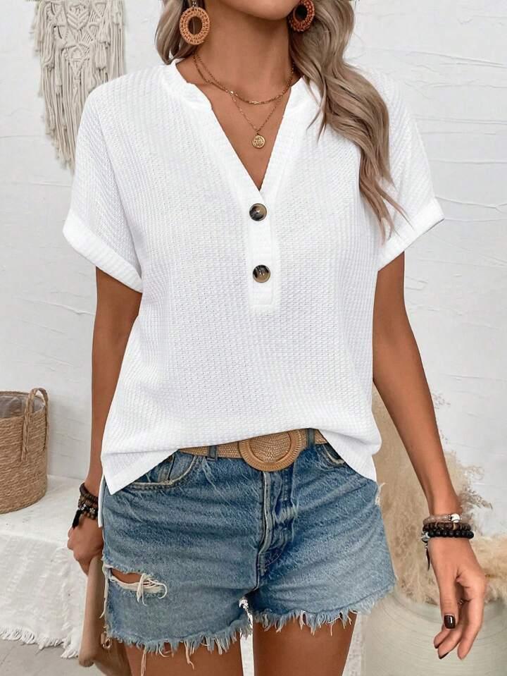 Batwing Sleeve Solid Color V-neck Button Top - LA FEMME WANDERER