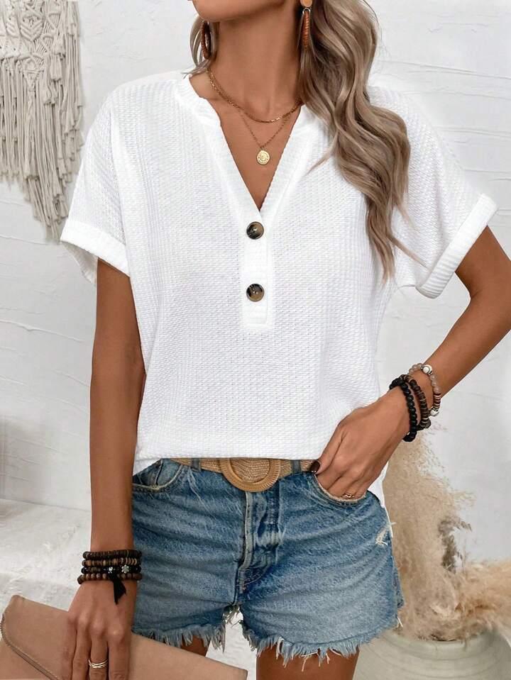 Batwing Sleeve Solid Color V-neck Button Top - LA FEMME WANDERER